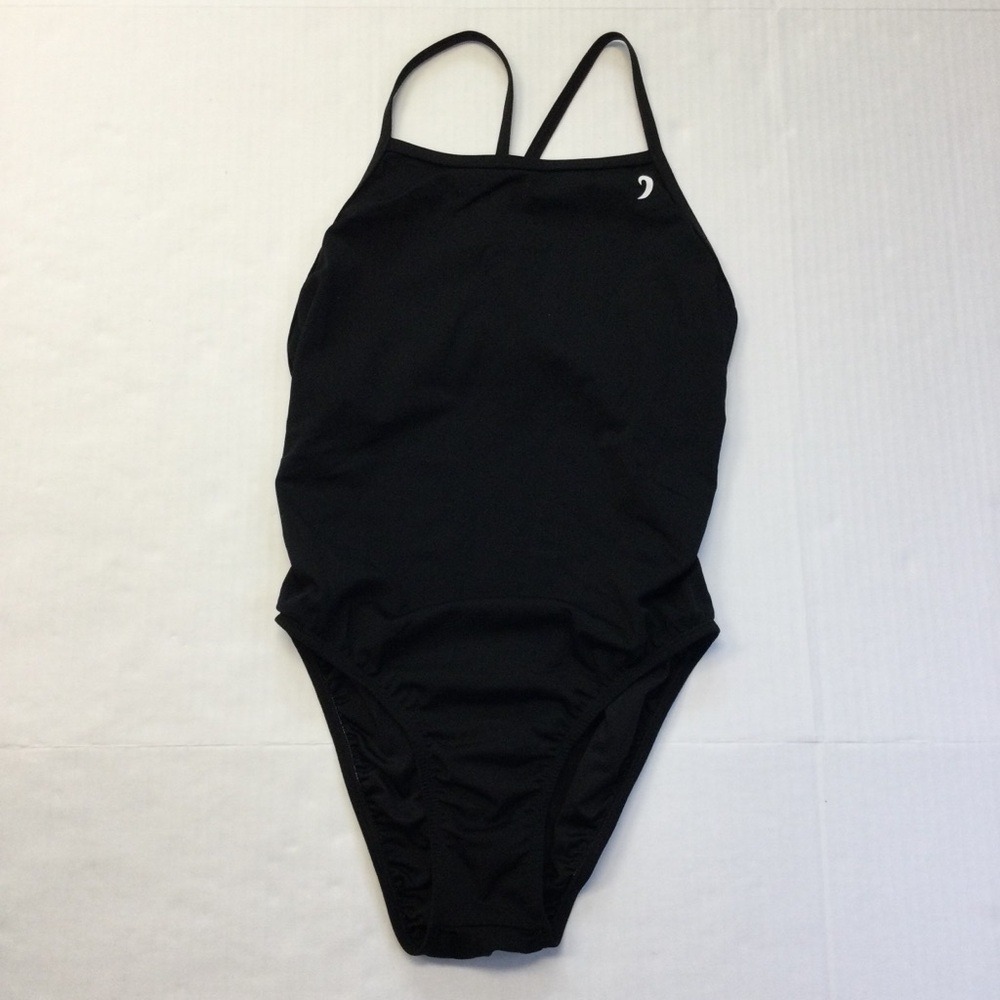Illusions Activewear Women's Thin Strap 1 Piece Swimsuit‎ Solid Black Size 13/14
